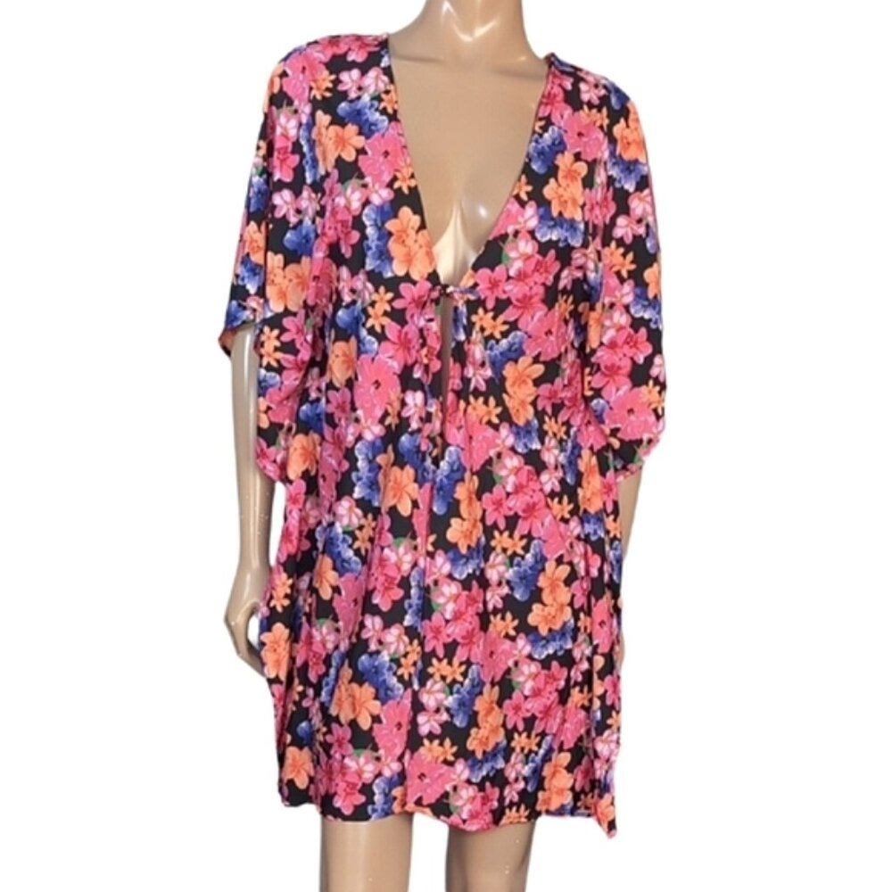 La Vie En Rose Floral Swim Cover Up Womens Size XS Pink Black Tie Front Kaftan